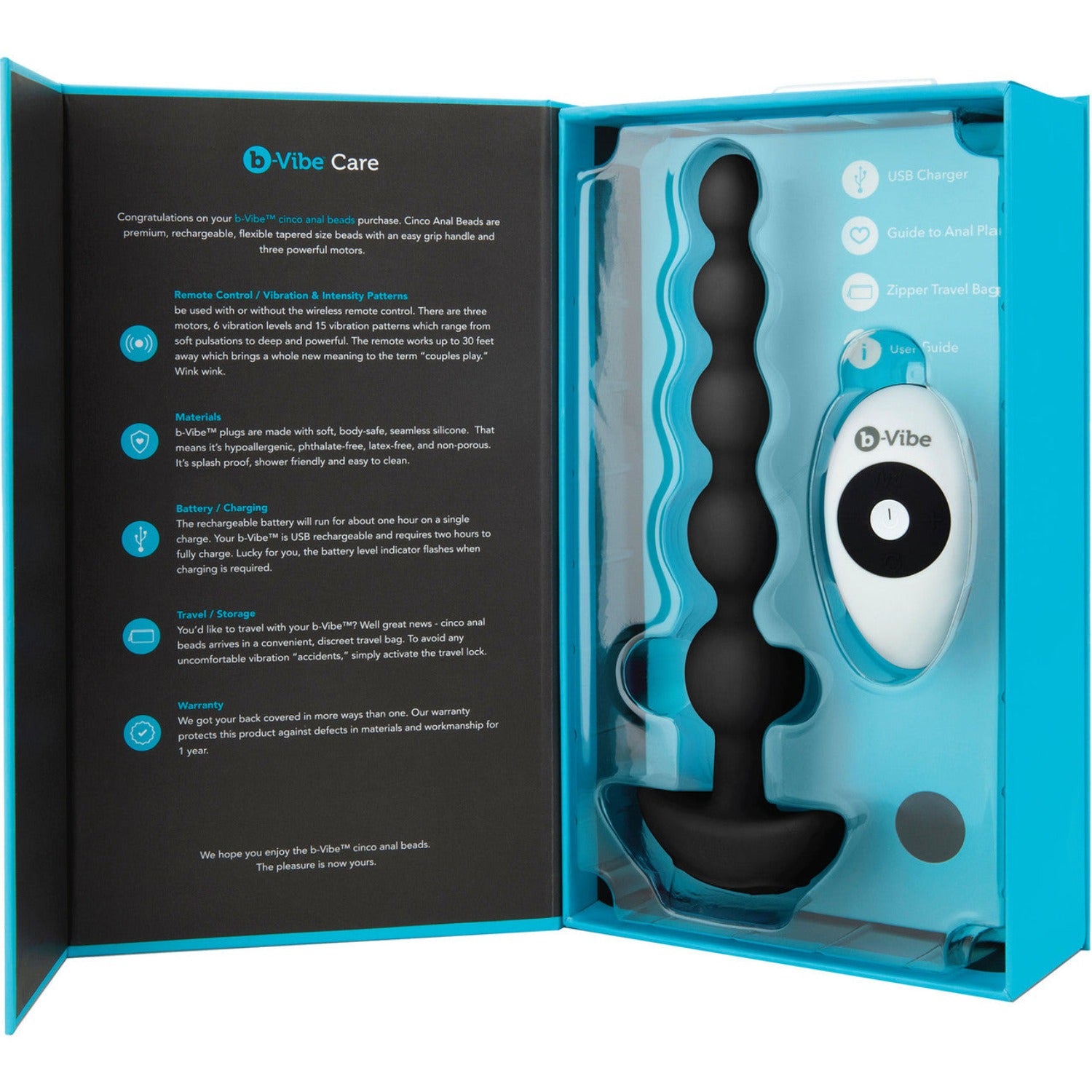 B-vibe Cinco Rechargeable Anal Beads With Remote - Anal Toys - www.Coyha.com