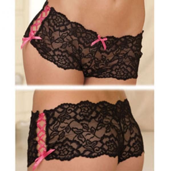 Rene Rofe Crotchless Lace Side Tie Boyleg Panty Black S/M - Sexy Wear - www.Coyha.com