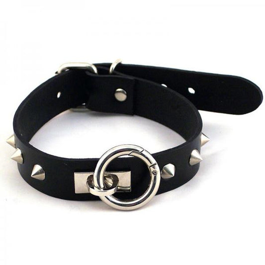 Rouge O-ring Studded Collar (thinner) Black - Bondage - www.Coyha.com