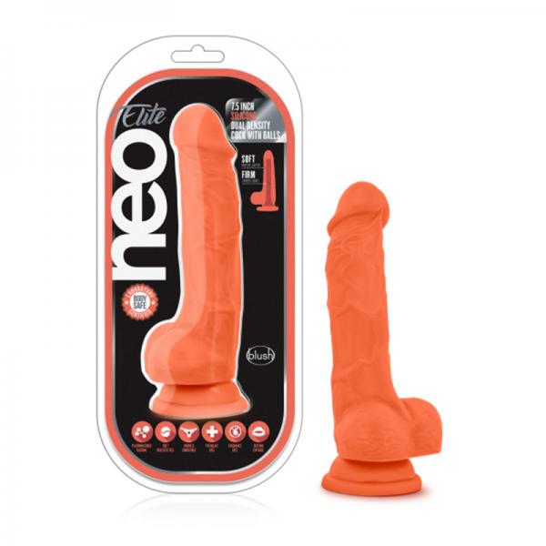 Neo Elite - 7.5in Silicone Dual Density Cock With Balls - Neon Orange - Dildos - www.Coyha.com