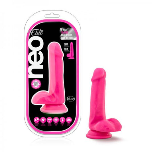 Neo Elite - 6in Silicone Dual Density Cock With Balls - Neon Pink - Dildos - www.Coyha.com